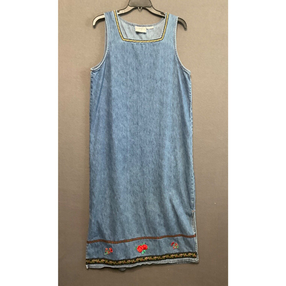 Vintage Studio Ease Denim Maxi Dress Sz Large Sleeveless 90s Cottagecore Floral - Picture 1 of 7